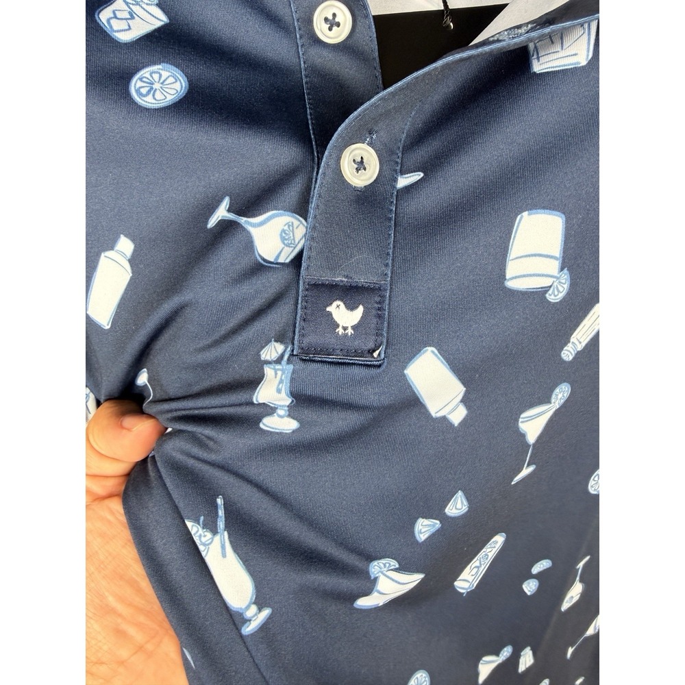 Bad Birdie Men's S Navy Blue Cocktail Drinks Print Golf Polo Shirt Stretch - Picture 2 of 5